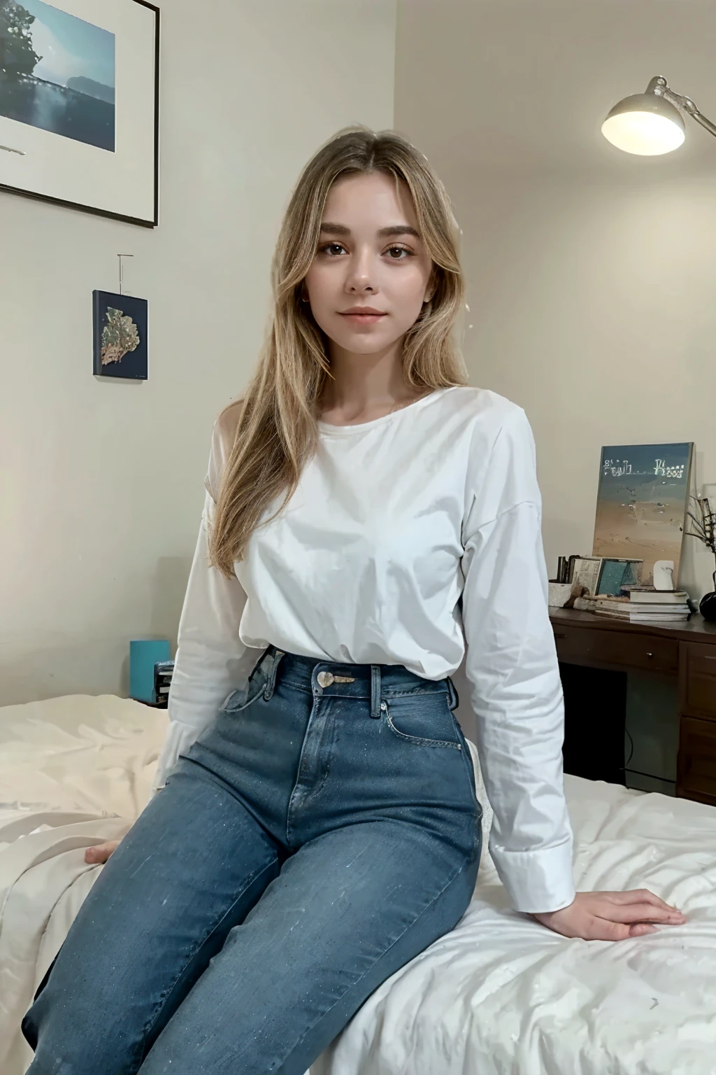 Blonde girl 18 years old beautiful and slim face, (small waist 1.0) , cadera grande, muslos grandes, senos redondos, (delgada 1.5) vestida con una remera blanca de mangas cortas y un jean color negro apretado ((((tomandose una foto con su celular))))