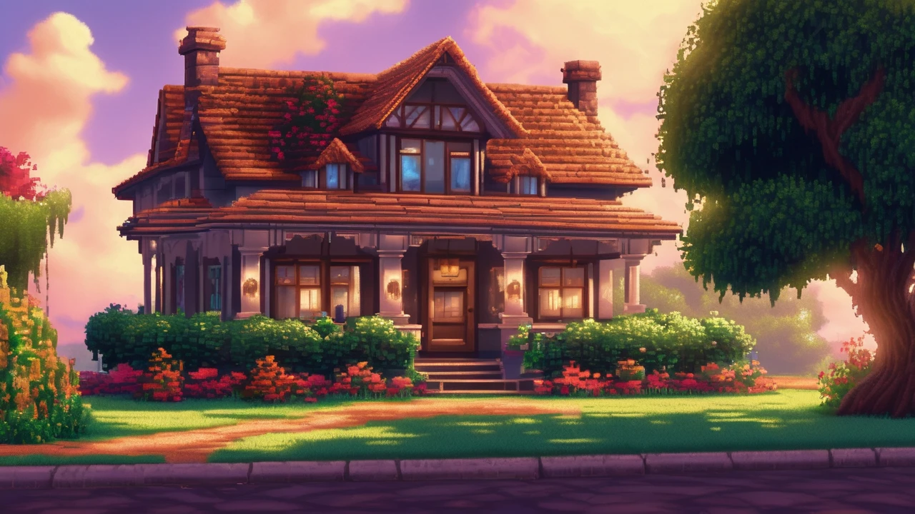 Exterior of an old and fancy homestay, beautiful garden. Style: realistic, cinematic, high detail. Lighting: soft, warm, and atmospheric. lcas artstyle