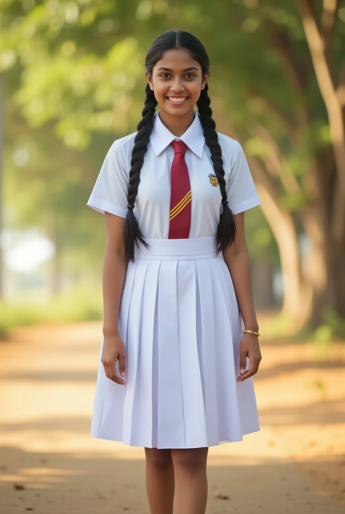 a beautiful cute young teen school girl, sri lanka , medium chest size , detailed white frock uniform, standing , white shoes and socks , full body , wide photo ,cinematic lighting, hyperrealistic, photorealistic, 8k, masterpiece, warm colors, natural lighting , high quality, intricate details