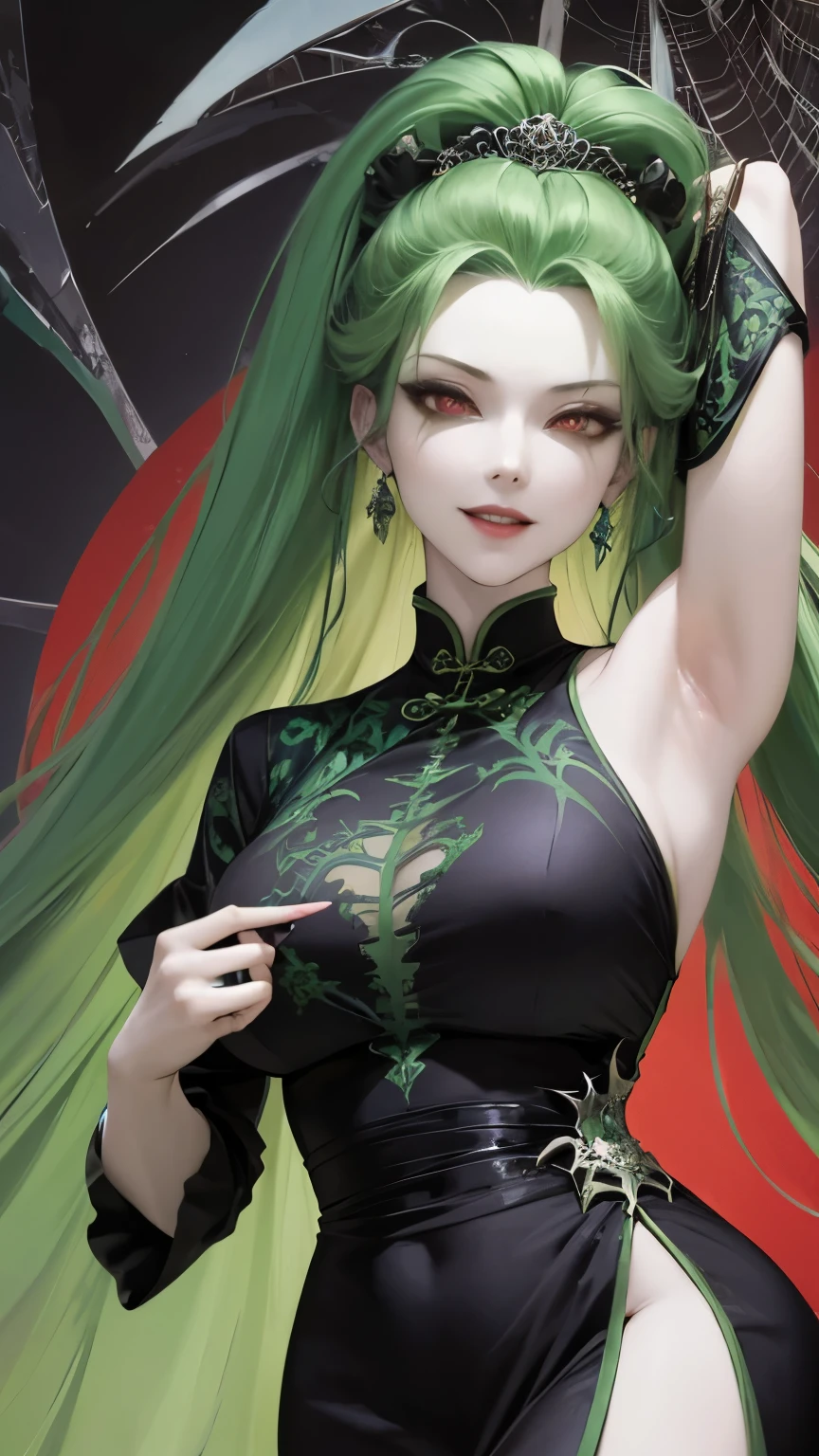 16K, Ultra High Definition, Super detailed, Shiny detailed hair, detailed face, fantasy landscape, solo, looking at viewer, {{best quality}}, {{masterpiece}}, {{ultra-detailed}}, {detailed light}, ultra high quality eyes, detailed eyes, perfect eyes, large eyes, detailed green eyes, beautiful lips, black and green hair, long hair, big horse tail, beautiful, skinny body, white skin, slutty, erotic, suggestive, ((nsfw))