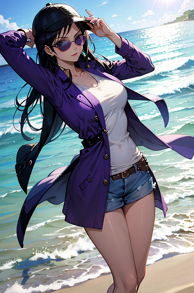 Nico Robin the woman for one piece wearing sunglasses on the beach dressed in an open trench coat with a purple top and a purple denim hat