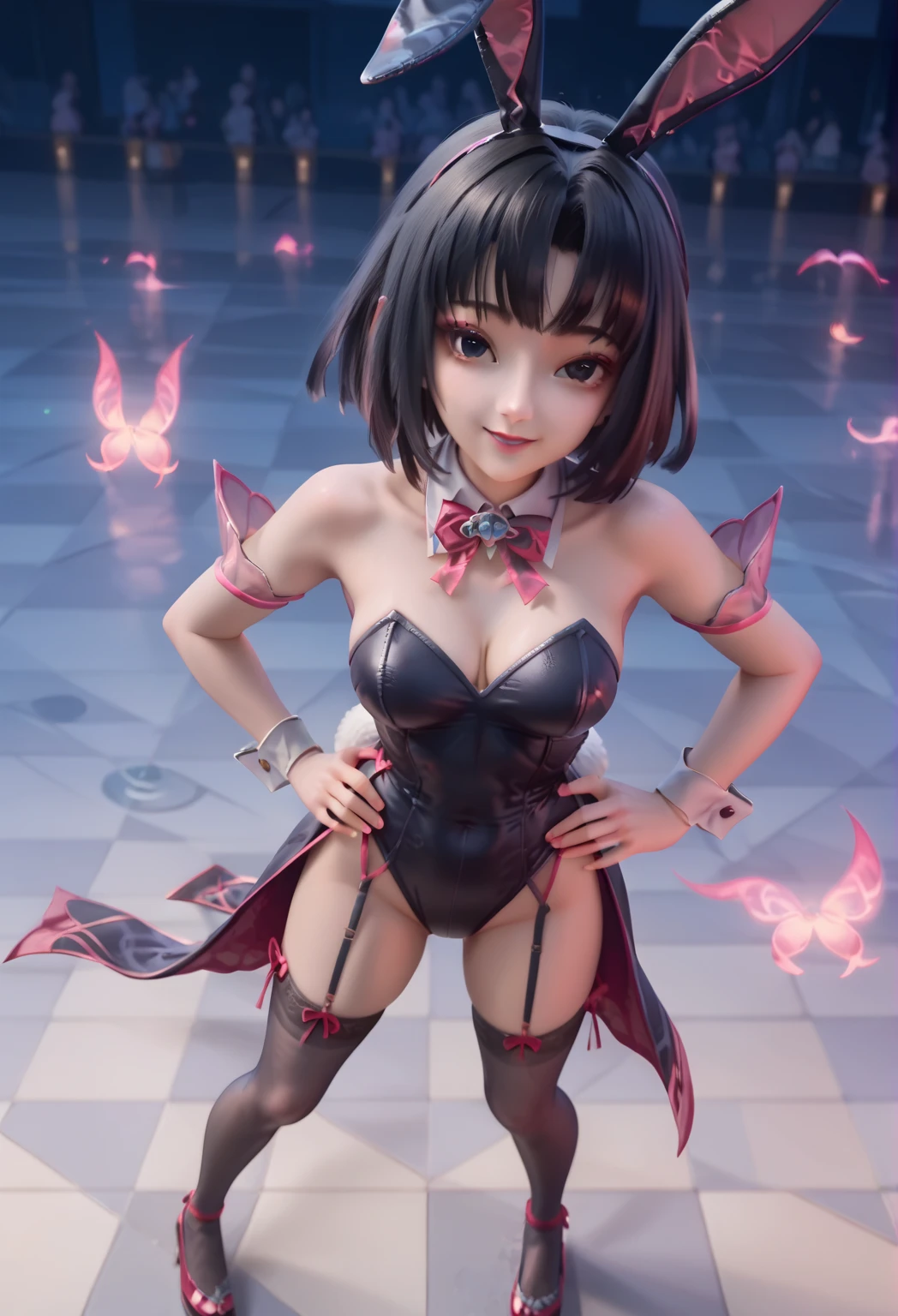 ((highest quality)), ((masterpiece)), (detailed), Anime 2D Rendering, Realistic young anime woman,
Five Fingers, Perfect Face, Beautiful fine details, blue eyes, Beautiful body, Beautiful breasts, Smaller breasts、 Beautiful thighs, Beautiful feet, delicate and beautiful white skin, Baby Face、12 year old girl、One Girl,
(Red High Heels), Black Hair、short hair, (Black shiny knee-high stockings, Black lace skimpy thong panties), ((Purple Bodycon)), (latex), (Fits perfectly against the skin), belly button、belly buttonピアス、
Wicked Smile、((Grin))、She turns her face and body towards the viewer,She has a pretty face and a charming smile,Wearing earrings and a necklace,The accessories are gold、Are standing