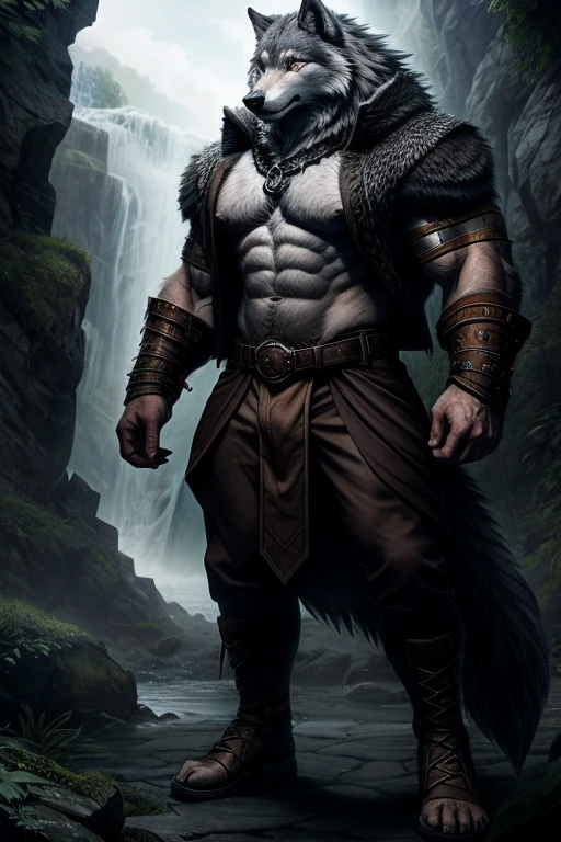 Wolf with human body, muscular and strong body, body wit wolf skin, humanoid ,With epic clothes, in an open environment.