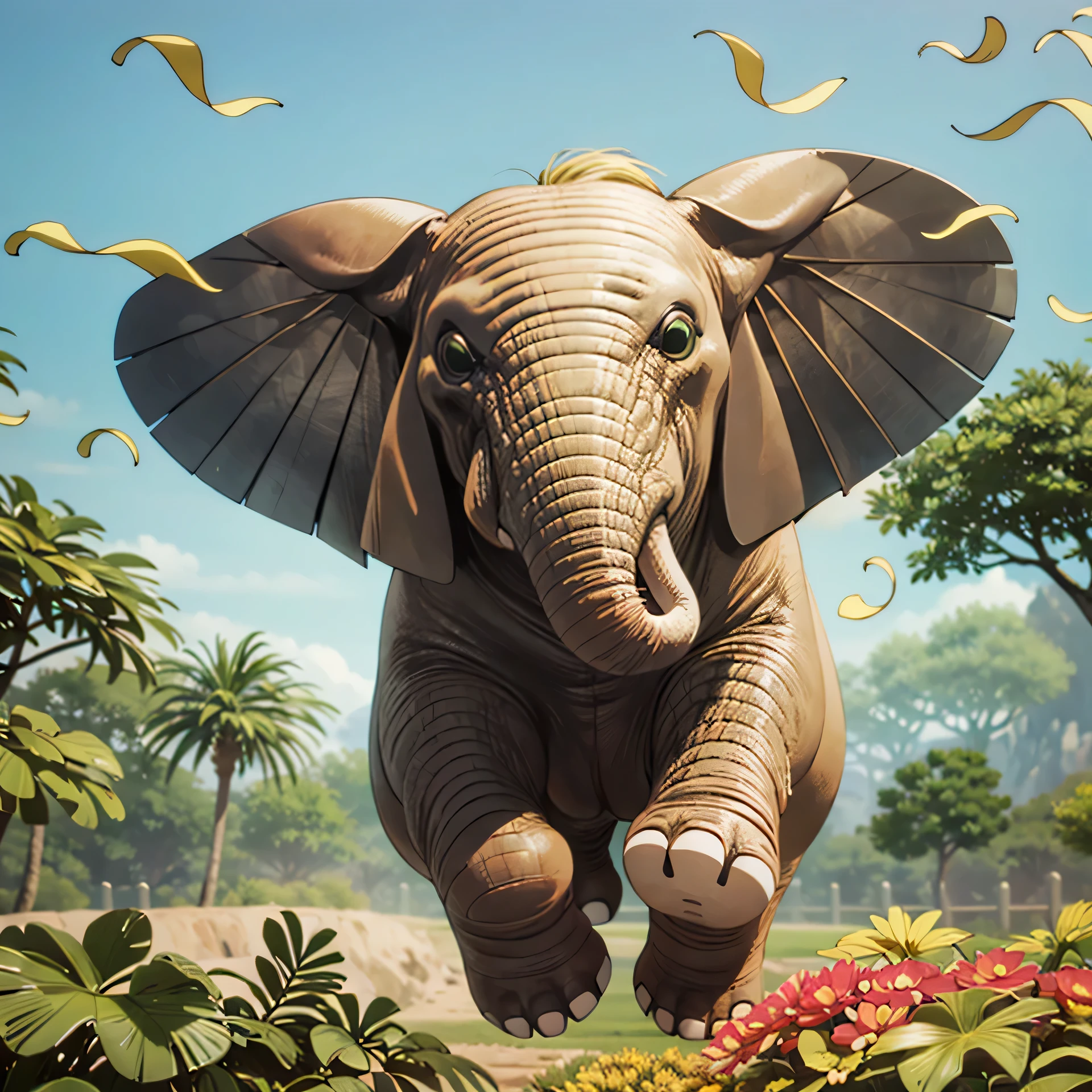 there is a  elephant that is jumping in the air, cute elephant, flying elephant, digital art animal photo, adorable digital painting, focus on the elephant, photorealistic cgi, depicted as a 3 d render, elephant, cute 3 d render, ultra realistic 3d illustration, the best of elephants, amazing cgi, very very realistic((KentoNanami)),masterpiece,highres,high quality,extremely detailed,goggles,tinted eyewear,serious,formal,