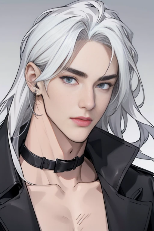  full HD, 4K, ultra detailed face, 1 persons, AS-Adult, goodlooking, Hairless face，man in a black jacket on a naked body，large tall，Muscular dudes, a broad shouldered, finely detailed  eyes and detailed face, white Long hair, With gray eyes, ear piercing, 