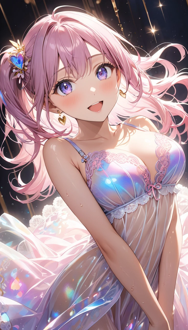 ((8k, Highest quality, masterpiece: 1.3)),Ultra-high resolution,(1 girl, alone), (Color changing eyes, Ultra-detailed, Expressive brilliance, Glitter, Glowing Eyes), Highly detailed eyes, Highly detailed face, Random Hair, ((pastel colour)),A joyful young woman with pastel lavender hair styled into loose waves, standing by the window in her sun-drenched bedroom during a bright afternoon. She is wearing a white bikini with gold accents that shimmer in the light. The camera captures her from behind as she gazes out the window, her body slightly arched to emphasize her curves. As she turns around, she strikes a new pose by sitting on the windowsill with her legs drawn up to her chest, her arms wrapped around her knees while she smiles warmly at the camera. The sunlight streams through the window, casting a golden glow on her skin and creating a serene, ethereal atmosphere.

