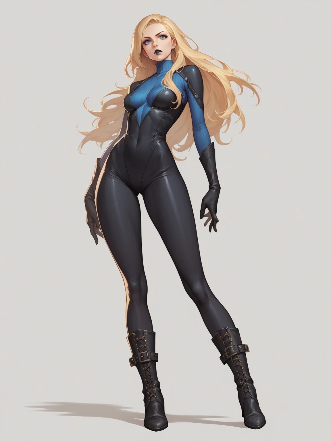 Masterpiece, best quality, Masterpiece, best quality, 1 woman, long blonde hair , Tight black leather motorcycle suit , unzipped , big breasts , abdomen , Long legs , Put your hands on your hips.. , boots , full body 