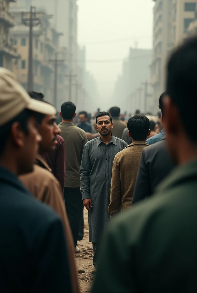 Four policemen and a man dressed in white are standing who is wearing kurta pajama and people are standing