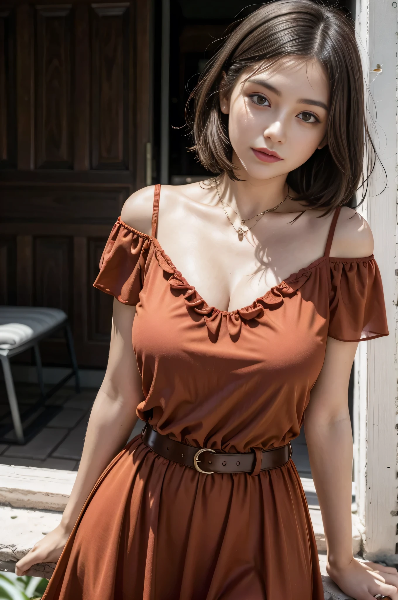 女の子1人、Whole human body、Whole human body(6.8 head body)、Height 148 cm、beauty legs、Female around 17 years old、Idol girl、Orange eye makeup、tits(B Cup)、petite and slender figure,、beauty legs、mini-skirts、a photo、lightly clothed、realisticlying、最好质量、adopt、detailed faces、depth of field、Bokeh