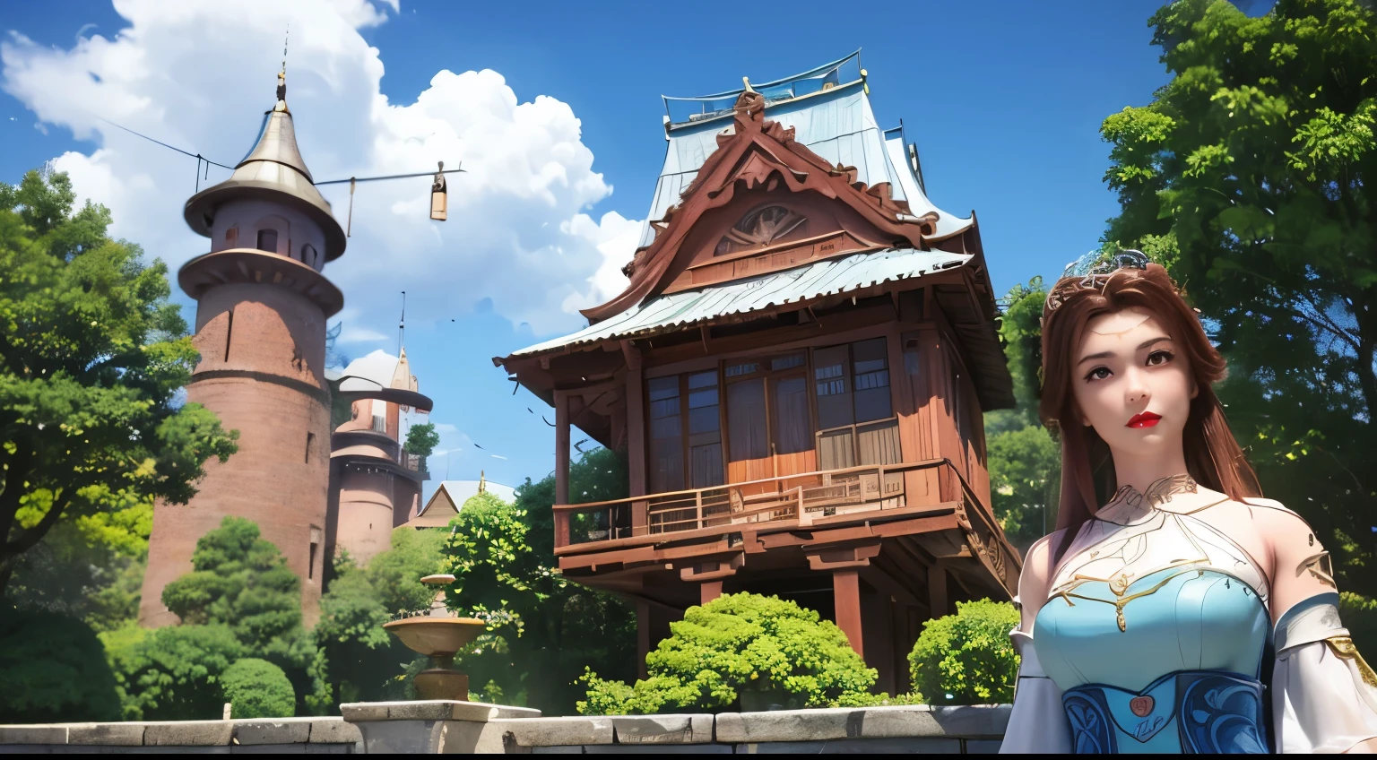 Pixar sweet character in 3d of a girl in beautiful forest
The camera shows an immense magic school, with towers that touch the clouds and doors shining with ancient runes . Nina flies toward school