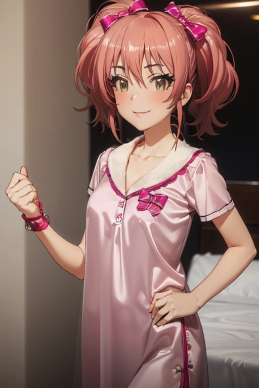 Summer sky、、Big smile、 Luxurious silk texture , Gross、Nightwear,Silk nightgown、 Mika Jougasaki,  twin tails, pink hair,Big open chest,Alone, one girl ,Shiny clothes