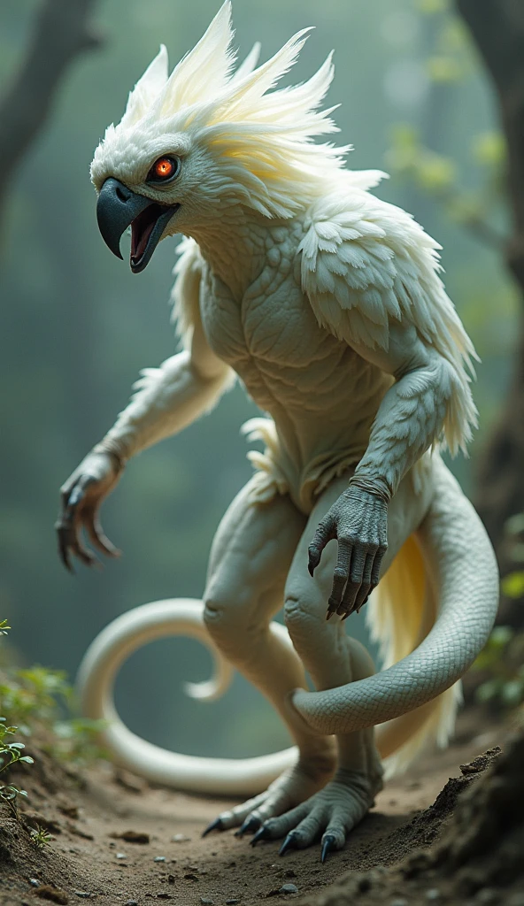 Humanoid mutant hybrid of a white cockatoo and an angry, roaring rattlesnake 