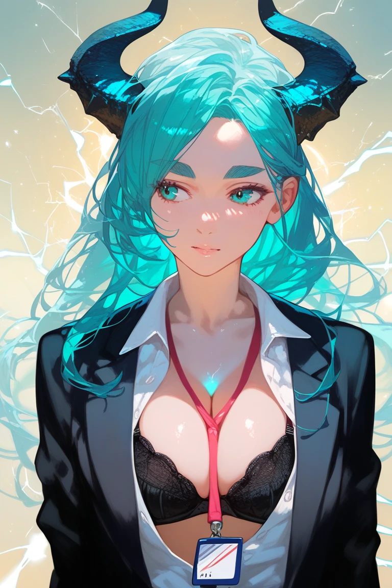 score_9, score_8_up, score_7_up, score_6_up, beautiful aesthetic, very intricate, high quality details, 1girl, :o, aqua eyes, aqua hair, between breasts, black bra, black jacket, blazer, bra, breasts, cleavage, collarbone, cone horns, electricity, horns, jacket, lanyard, long hair, looking to the side, medium breasts, sheath, shirt, solo, thick eyebrows, underwear, unsheathing, upper body, white shirt
