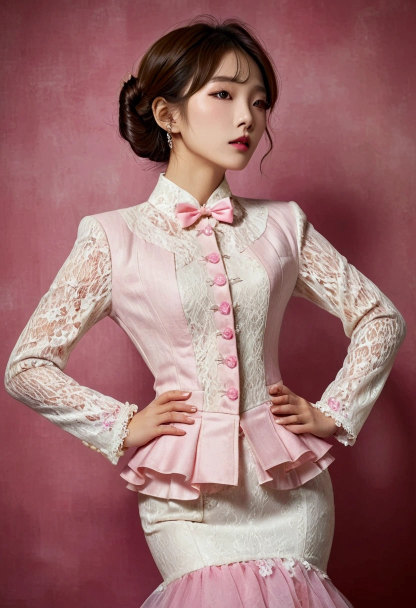 A Korean man in ladies vintage suit dress, he is crossdresser, body like a woman, slender female body, white and pink, Rich lace and frills, long sleeves, jacket, mermaid line long skirt, tweed, sit quietly, His hairstyle is short and manly