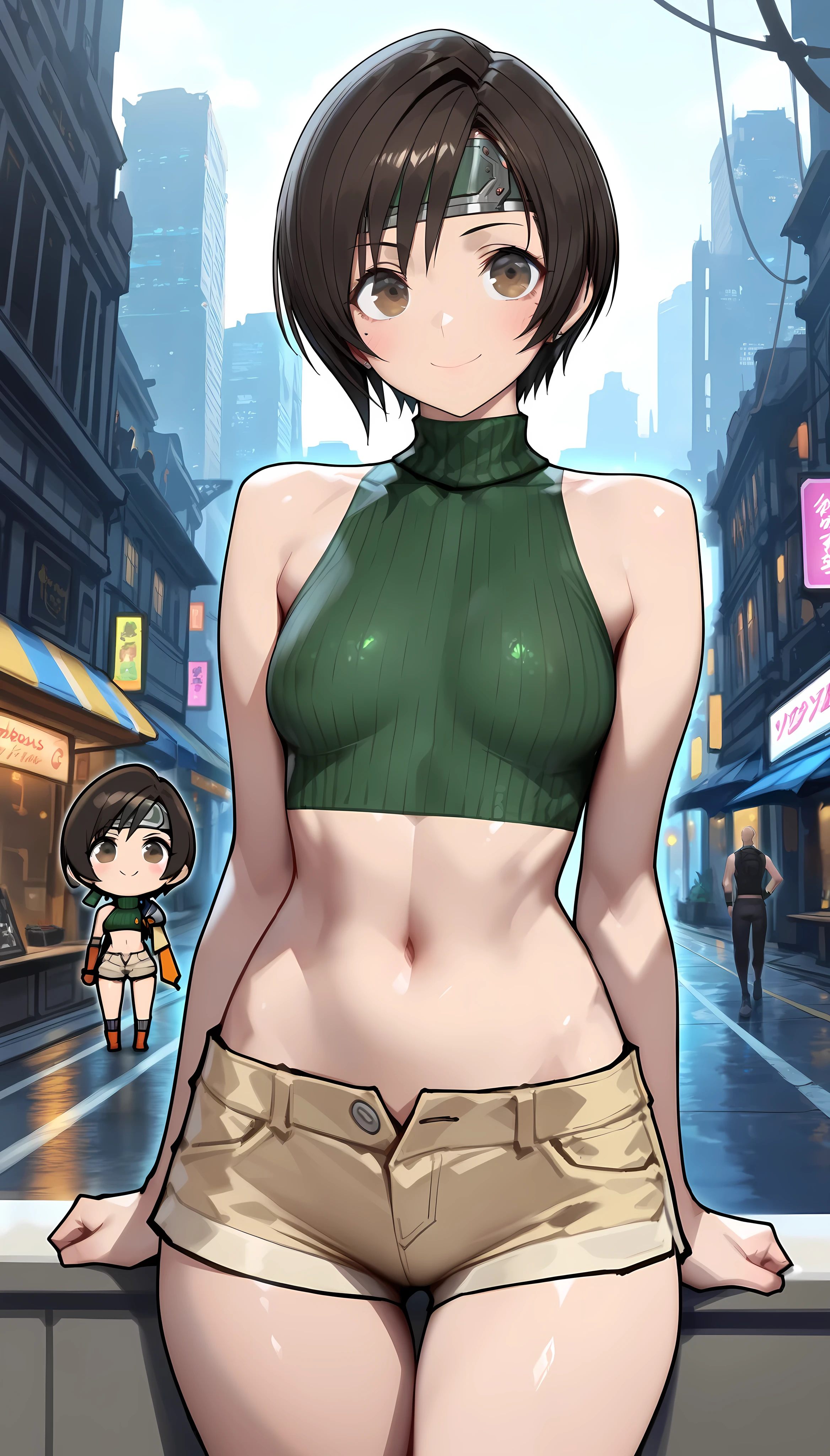 (masterpiece,best quality,amazing quality,very aesthetic,absurdres,newest),neon、Harlem Street 、 Final Fantasy 7,cowboy shot, Yuffie Kisaragi,1woman,(adult:1.2),(very small head),short cut hair,dark brown hair,bangs,(gorgeous eyes),brown eyes,smile,(ideal ratio body proportions:1.2,very long body),(small breasts,slender body:1.3,skinny:1.2,toned body),turtleneck green kint wear,sleeveless,navel,shorts,shiny skin,standing, Cyberpunk World、