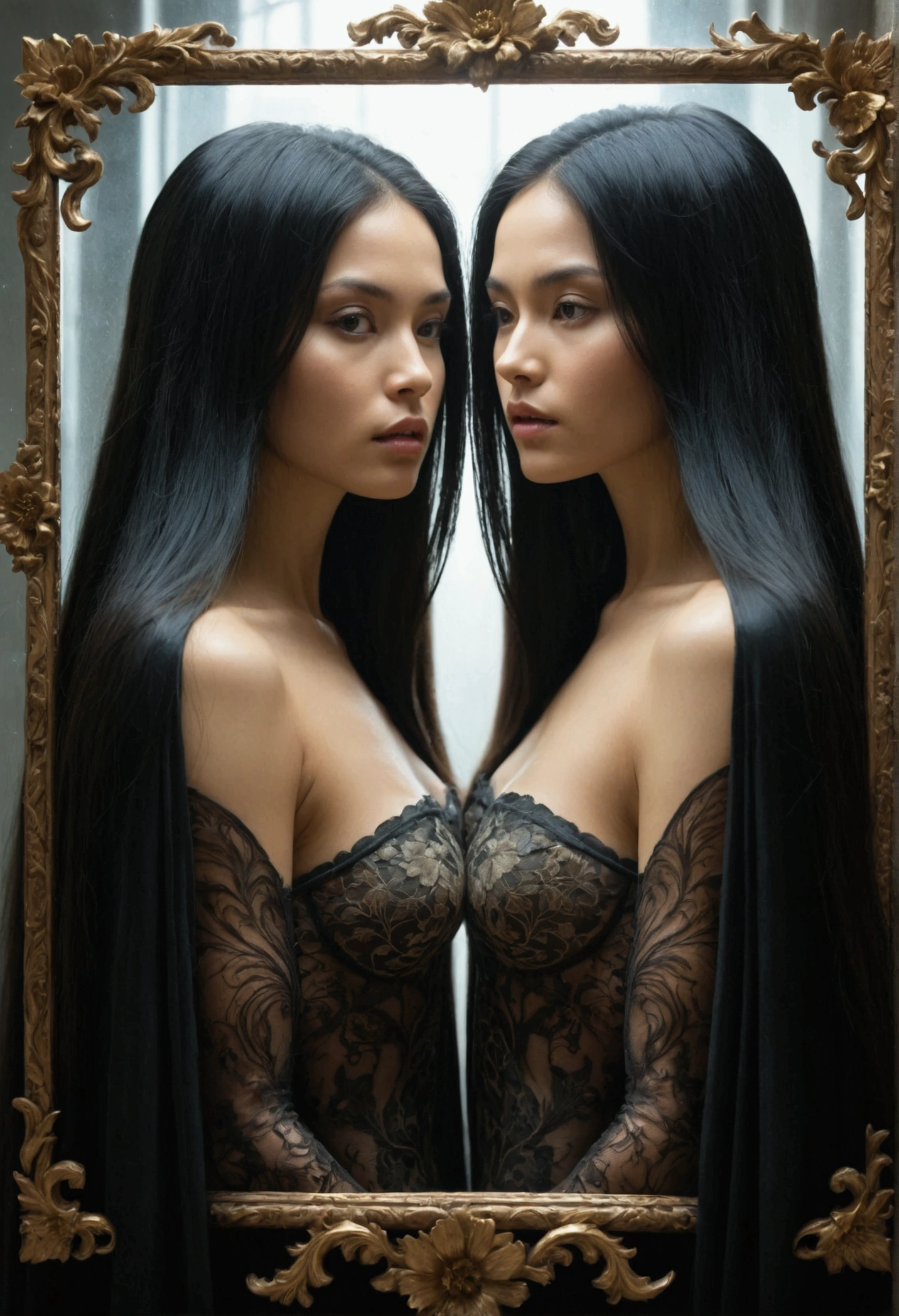 photoillustration of double exposure, 1girl, 1her_reflectionmicro, lingerie, black cloak, looking at the mirror, the girl starring at the reflection, standing, perfect reflection, perfect body, perfect anatomy, back view, tall golden square frame floral carved mirror, long black hair, mystical elemental, ethereal, dark smoke surrounded, dramatic light, exotic scene, crisp, terrifying, dimmed light, super detailed, UHD, 8k, epic realism, fantasy art, photo art. photoillustration (transparency effect 0.25), symmetrical sagital cut ((vertical half cut 1.5))seamless mix-merged, texture and pattern, ((transparency effect 0.35)), iconic standing-pose stance, dramatic shadows, dramatic lights, interlacing elements, fantasy art, two face tones, two body_tones, very_long hair, flowing hair,  opposite-opponent digital manipulated photo art, hyper-realistic, ultra-detailed, crisp clarity, high-contrast, overexposure, luminous ambiance, rich textures, intricate patterns, vivid colors, cinematic lighting, photorealistic, accurate anatomical proportions.