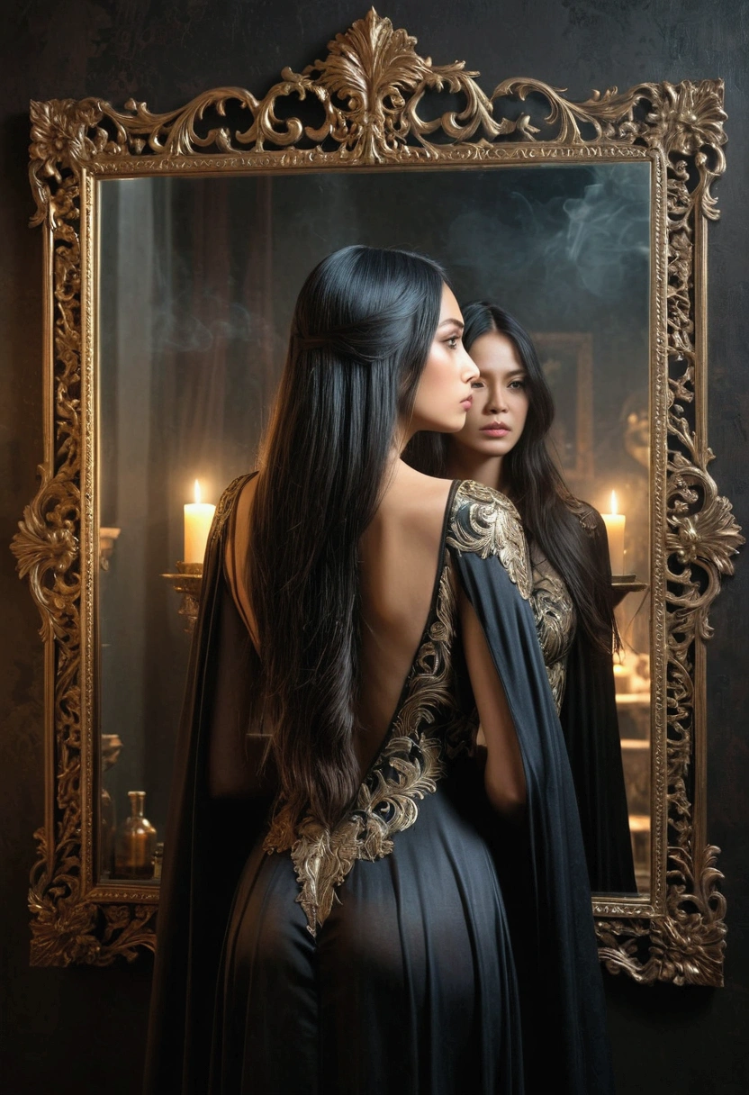 photoillustration of double exposure, 1girl, 1her_reflectionmicro, lingerie, black cloak, looking at the mirror, the girl starring at the reflection, standing, perfect reflection, perfect body, perfect anatomy, back view, tall golden square frame floral carved mirror, long black hair, mystical elemental, ethereal, dark smoke surrounded, dramatic light, exotic scene, crisp, terrifying, dimmed light, super detailed, UHD, 8k, epic realism, fantasy art, photo art. photoillustration (transparency effect 0.25), symmetrical sagital cut ((vertical half cut 1.5))seamless mix-merged, texture and pattern, ((transparency effect 0.35)), iconic standing-pose stance, dramatic shadows, dramatic lights, interlacing elements, fantasy art, two face tones, two body_tones, very_long hair, flowing hair,  opposite-opponent digital manipulated photo art, hyper-realistic, ultra-detailed, crisp clarity, high-contrast, overexposure, luminous ambiance, rich textures, intricate patterns, vivid colors, cinematic lighting, photorealistic, accurate anatomical proportions.