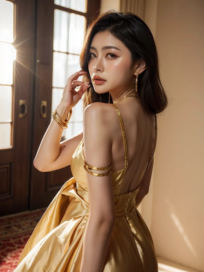  Masterpieces, superb, It is true,  Jenny wore a luxurious silk dress in gold, open shoulders, showing off her proportions.,  with a set of jewelry, earrings, necklace and wristwatch. ,  seductive eyes, smile, corner of small mouth , Hands clasped face making joyful gesture , From head to knee length, , ,background white back , Light photography,  Top Image Quality ), ( Masterpieces), (vibrant,  realistic photography  , It is true, dramatic, dark, sharp focus, 8k) 16k