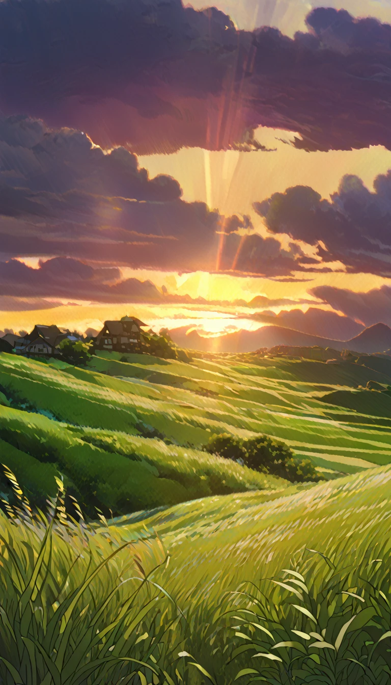 /imagine prompt: Viral anime nature wallpaper in 4k quality, A stunning landscape in the style of anime, inspired by the work of Studio Ghibli. The scene takes place in the late afternoon, near sunset, with the sky in vibrant shades of orange, pink and purple, filled with clouds illuminated by the golden light of the setting sun. There are mountains in the background, with a light mist covering their bases. In the foreground, we see a green field with wild flowers gently swaying in the wind. A quiet road, slightly curved, cuts the field, leading to the horizon. The trees, with their dark green leaves, are bathed in soft sunlight, which creates long and dramatic shadows. The style should convey a sense of movement and life, with clouds that seem to slide across the sky and leaves dancing in the wind. The image should be of high quality, with minute details and intense and vibrant colors, creating a sense of serene beauty and magic. --V 5 --stylize 1000