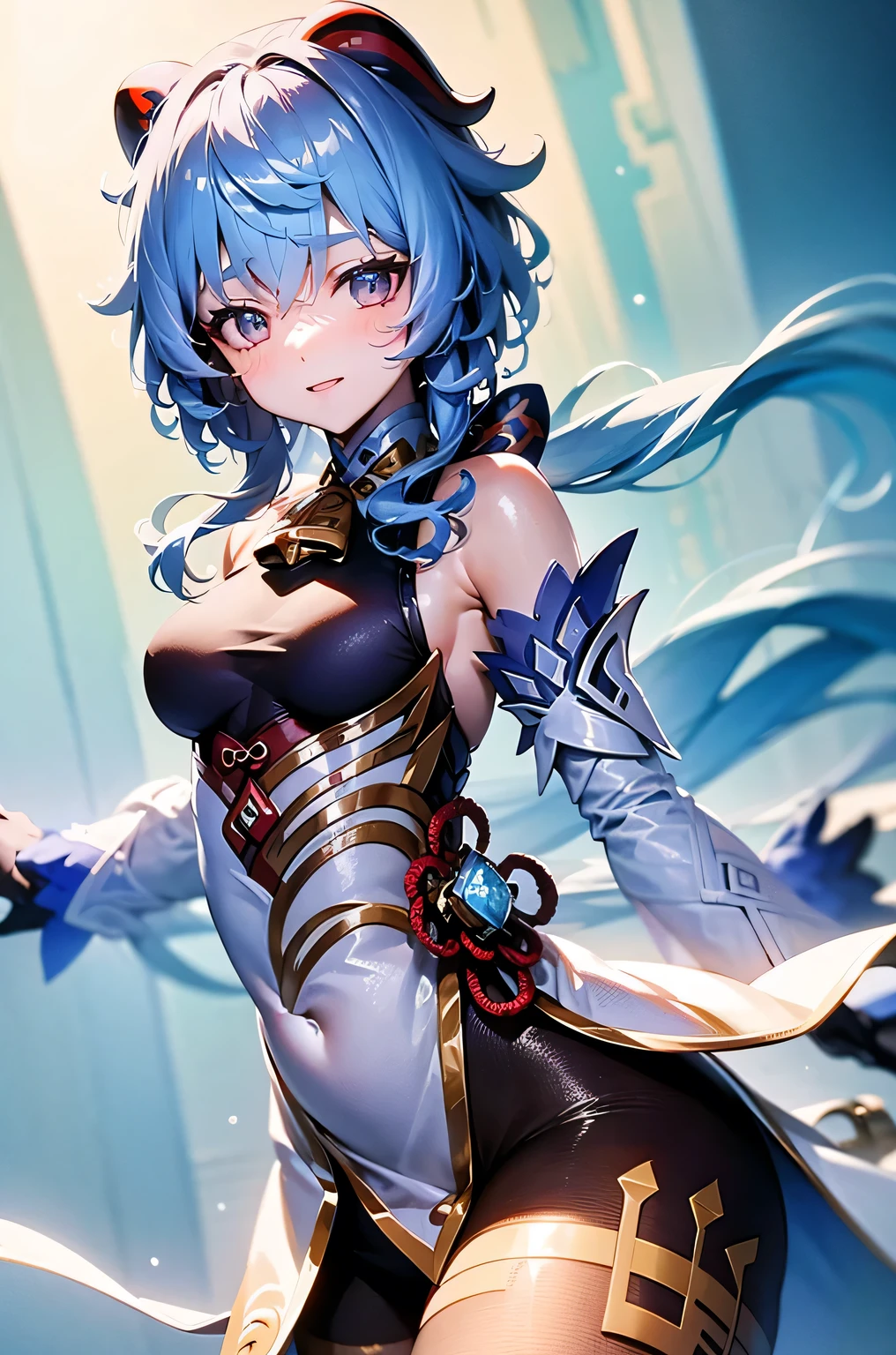 ((masterpiece)), ((pale skin)), (bokeh effect), (dynamic angle), (narrowed eyes:1.3), (solo:1.2), (female:1.1), (blue hair:1.2), yellow eyes, (glowing eyes:1.2), sideboob, bracelets, armbands, (exterior:1.2), (shorts:1.1), (blue tabard:1.3), thighhighs, (small chest:0.8)