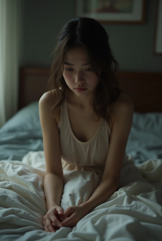 A thai women, -ultra realistic, very small thin shirt,bedroom - sit, crying, perfect body , standing, 45years old, soft post, chubby, so sweet