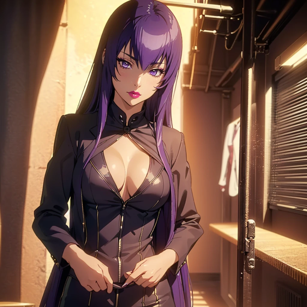 ((1girl, solo ,alone)), ((solo, 1woman, (busujima saeko, purple hair, long hair, purple eyes, pink lipstick, woman, lipstick), Extremely detailed, ambient soft lighting, 4k, perfect eyes, a perfect face, perfect lighting, a 1girl)), ((solo, (1woman, lipstick), Extremely detailed, ambient soft lighting, 4k, perfect eyes, a perfect face, perfect lighting, a 1girl)), , ((fitness,, shapely body, athletic body, toned body)), ((suit, tailcoat, concept art, character concept art, character))