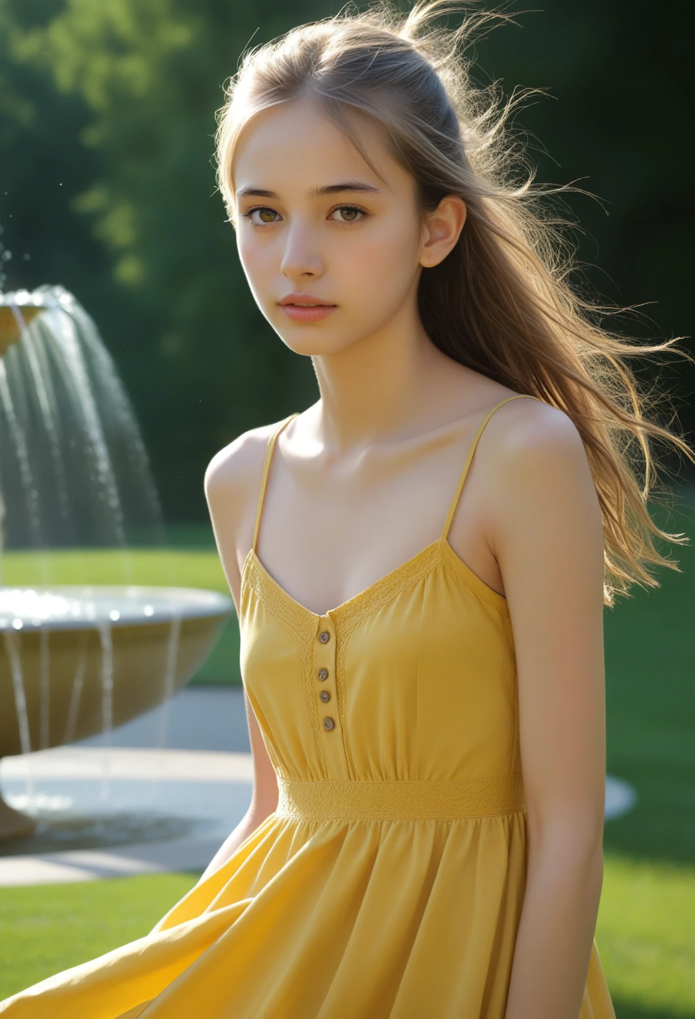 score_9, score_8_up, score_7_up, score_6_up, score_5_up, score_4_up, (super realistic photo:1.6), beautiful digital paint, Beautiful detailed realistic digital art, Award-winning, photoRealistic, Realistic, Alone, photoRealistic, Best Quality, ultra high resolution, 1 stunning girl, Blonde in a ponytail, wear an intricated yellow sundress, A gentle breeze blowing through the grass, 1 girl, beautiful, masterpiece, Best Quality, extremely detailed faces playing in the fountain square, Full Photo, 1 girl, Alone, Best Quality, ultra high resolution, photoRealistic, Super detailed, masterpiece, Best Quality, Nancy 1,