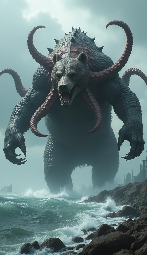  A hybrid abomination emerges from the ocean ,  combining bear features , octopus and crocodile .  Its body is massive and muscular like that of a bear ,  but covered with thick, armored scales like those of a crocodile .  From its back and flanks come out eight giant octopus tentacles ,  that grab and crush entire buildings .  Its head mixes the powerful snout of a crocodile with ferocious bear eyes,  while a deafening roar accompanies each attack .  The monster advances along the coast ,  dragging destruction both on land and in the sea ."
