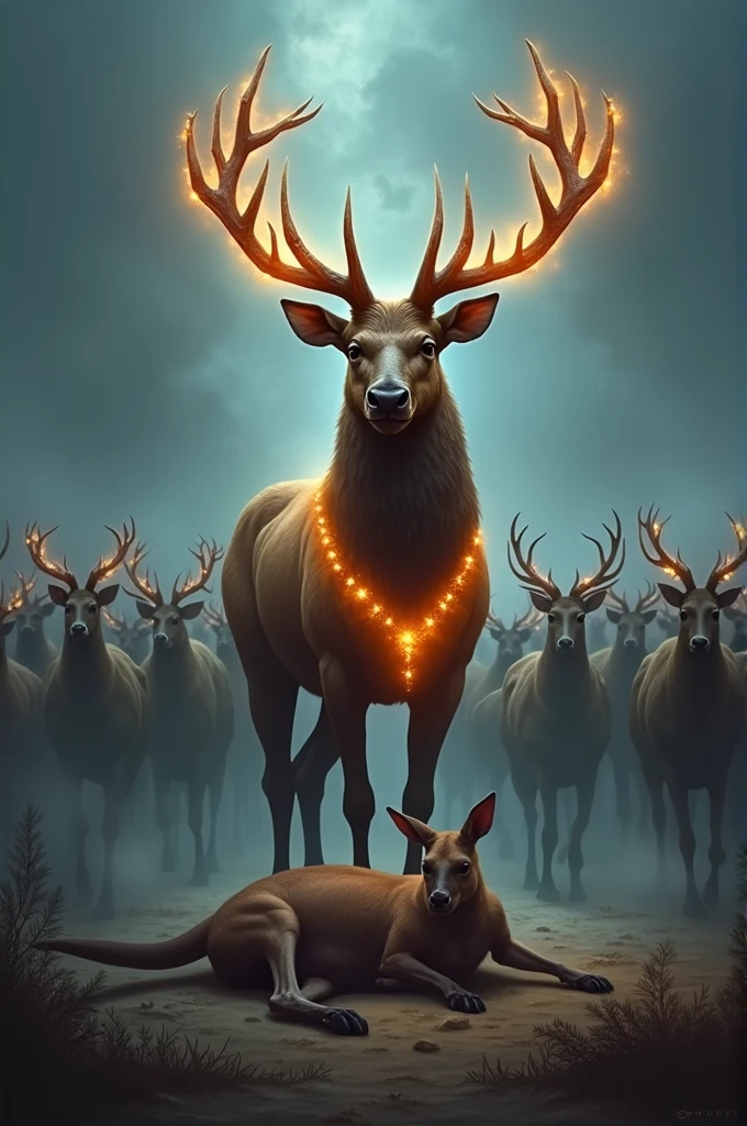 a close up of a deer with a glowing antelope on its head, a hologram by Adam Marczyński, shutterstock contest winner, digital art, with glowing runes on the body, digital art animal photo, an anthropomorphic deer, anthropomorphic deer, scientific depiction, cover shot, beautiful digital artwork, accurate depiction
