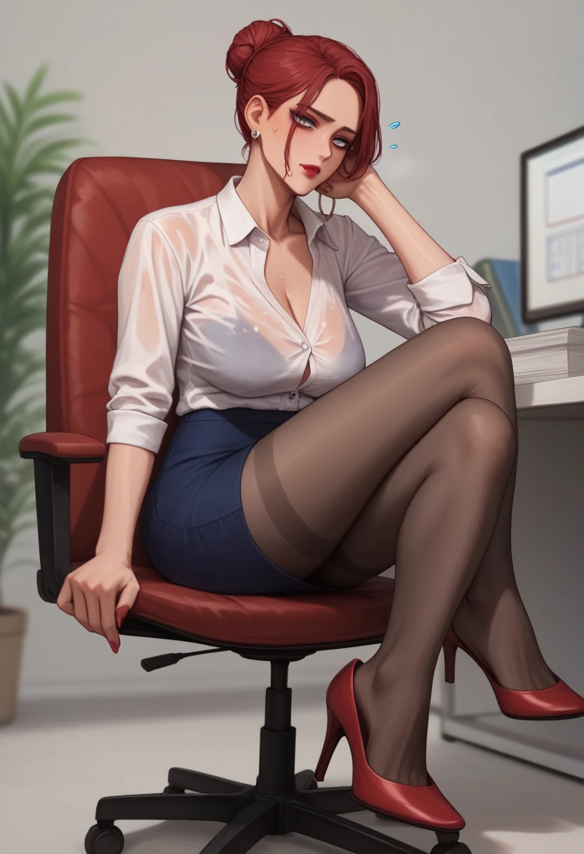 score_9, score_8_up, score_7_up, score_6_up, (((masterpiece)))), detailed,  1girl , office lady, business suite, blue pencil skirt, white shirt, wet shirt, black pantyhose, red high heels, red hair, single hair bun, medium brest, sagging breast, eyeshadow, lipstick, earring, office, sitting on chair, crossed legs, feet focus, hot, steamy, sweatdrops,