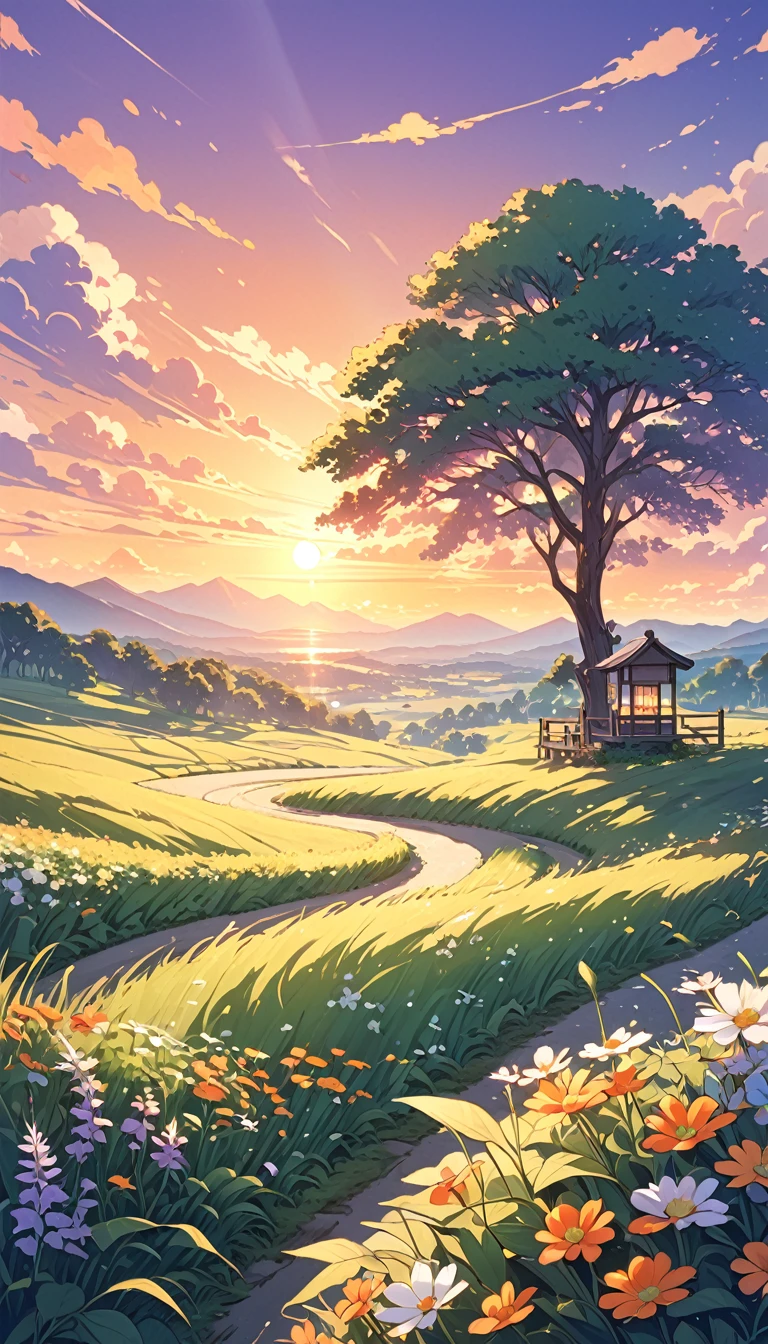 /imagine prompt: Viral anime nature wallpaper in 4k quality, A stunning landscape in the style of anime, inspired by the work of Makoto Shinkai. The scene takes place in the late afternoon, near sunset, with the sky in vibrant shades of orange, pink and purple, filled with clouds illuminated by the golden light of the setting sun. There are mountains in the background, with a light mist covering their bases. In the foreground, we see a green field with wild flowers gently swaying in the wind. A quiet road, slightly curved, cuts the field, leading to the horizon. The trees, with their dark green leaves, are bathed in soft sunlight, which creates long and dramatic shadows. The style should convey a sense of movement and life, with clouds that seem to slide across the sky and leaves dancing in the wind. The image should be of high quality, with minute details and intense and vibrant colors, creating a sense of serene beauty and magic. --stylize 1000