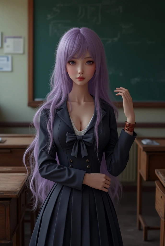 Hot girl, purple hair, blue eyes, sexy pose, black mini skirt, school clothes