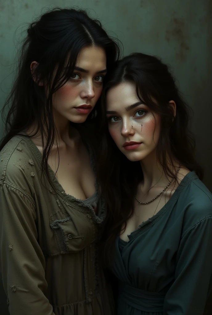 Two beautiful women who are starving and are asking for mercy due to world war