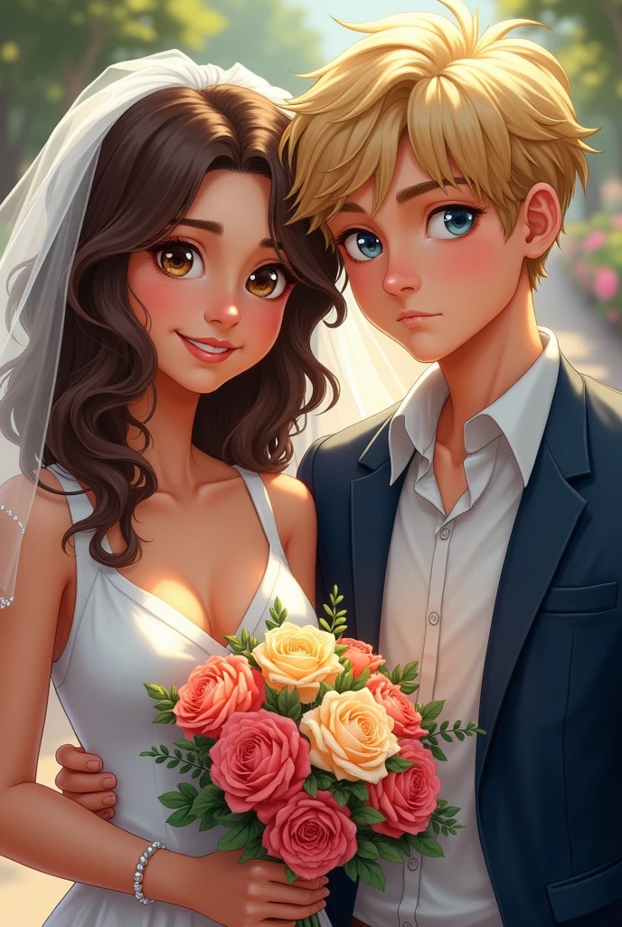 An elegant and captivating illustration of a chic and minimalist wedding invitation design. The design showcases a portrait of a radiant smiled bride with sleek, wavy brown hair and dark-brown eyes, and a dashing groom with voluminous, wavy blonde hair and blue eyes. The couple's two cherished cats at the corner, Ponyo, a noble, short haired black female, and Roku, a charming black and white male with a curious amber eyes, grace the corner of the invitation, adding an enchanting touch of whimsy and endearing charm. add sunflower theme