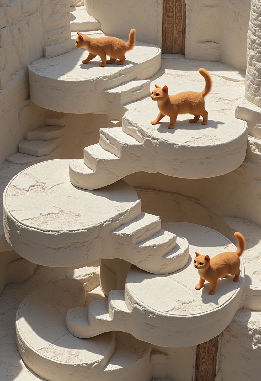 Penrose stairs made of very realistic stone, with cute cats happily walking on them, simple background