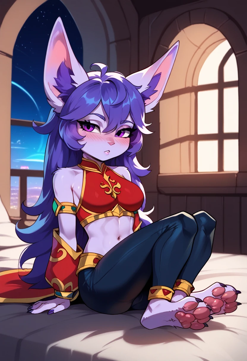 score_9, score_8_up, score_7_up, best quality, masterpiece, Lulu, (absurdly high resolution:1.4), from side, (short, diminutive, smol), yordle, (humanoid, light purple skin, purple eyes, (long ears, horizontal ears), long horizontal yordle ears, claws, feminine), Gerudo outfit, barefoot, cute, adorable, slim, thin, (hair, fluffy hair,), large breasts, sleepy expression, blush lines, submissive), solo, spaceship setting, window, night sky, Expressive, young, expressive, outer space, matching clothes, fix arms, paw pads, correct number of toes,