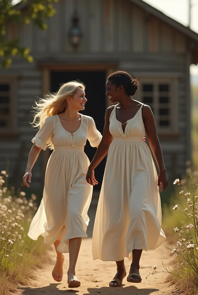 two black women running in a field on a rainy day wearing white Victorian style dresses
