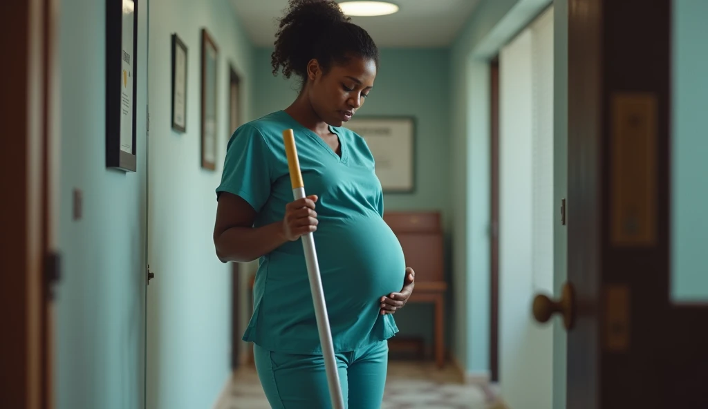 Pregnant woman cleaning the house