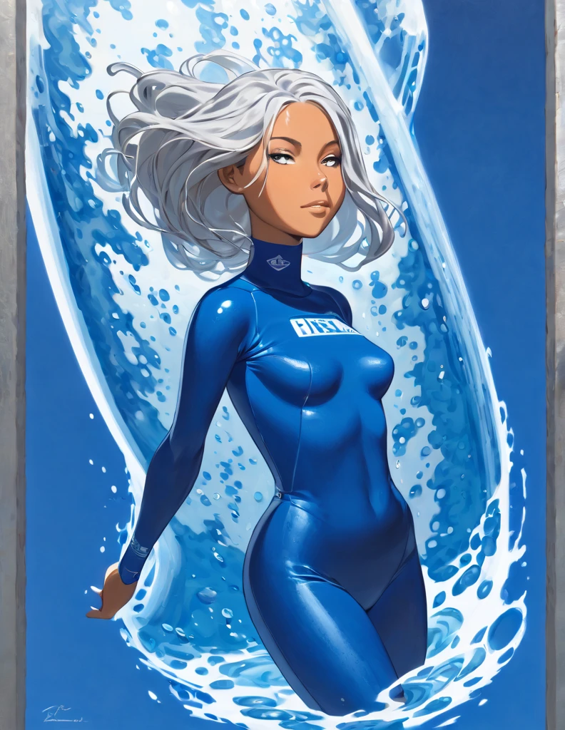 Tanned Woman with silver hair. She is wearing a skin-tight blue wetsuit.the  She is floating encased inside a canister filled with water. The canister has a glass window. 