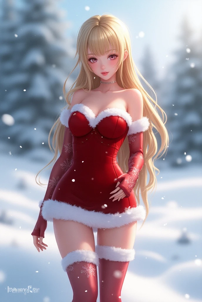 (masterpiece), (best quality), (detailed), light layer, 1solo girl, young girl, perfect body, blonde hair, defined chest, defined collarbone, ultra realistic, photorealistic, detailed, ,Enhance, wearing a santa suit with thigh high red boots and santa cap, outside, black of night, snowflake pattern,