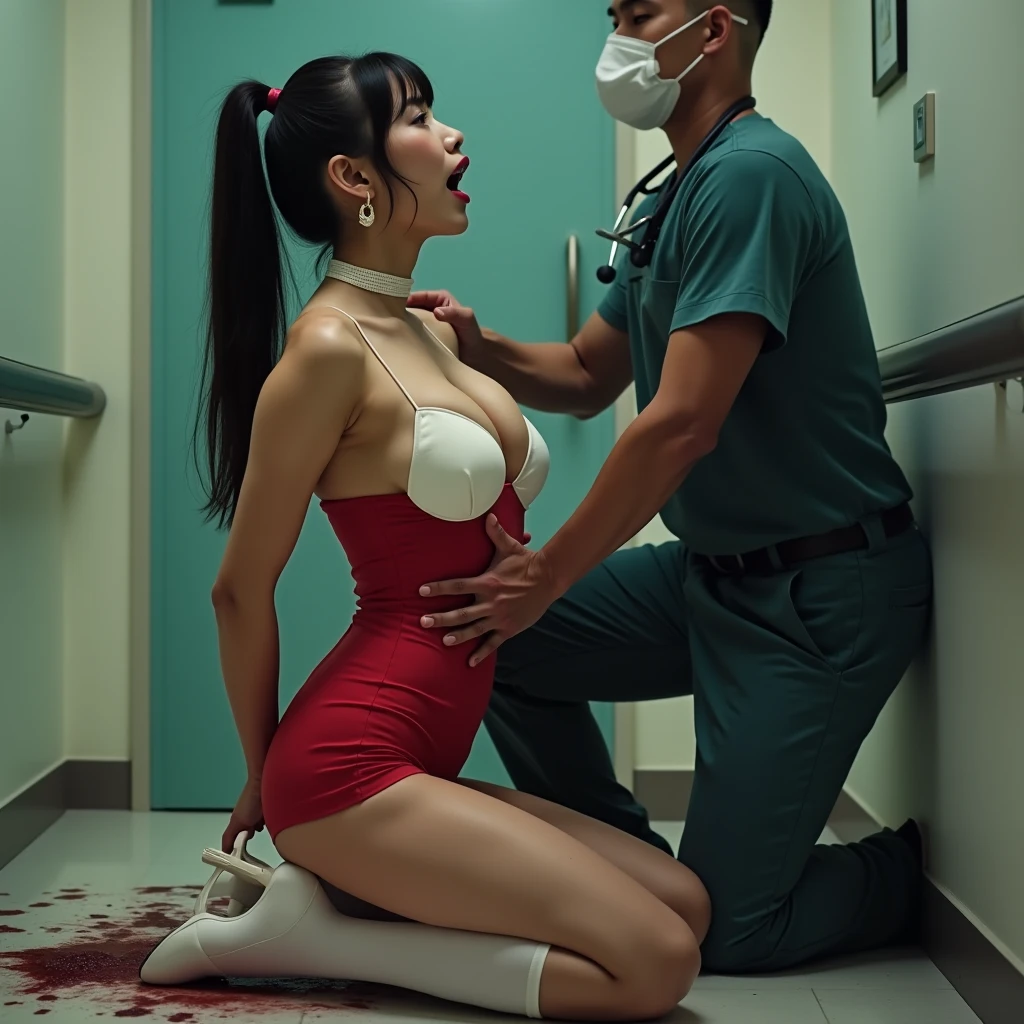 korean girl, (behind corpse, corpse has very big saggy breasts:1.4, ), blood splatter, holding knife, stabbing, black gloves, room full of blood, nurses outfit, surgical mask, pretty eyes, long lashes, hair tied up, hair clips, holding knife, black gloves, behind corpse, short hair, night, mass murderer, robbery, in the hospital, unzipped