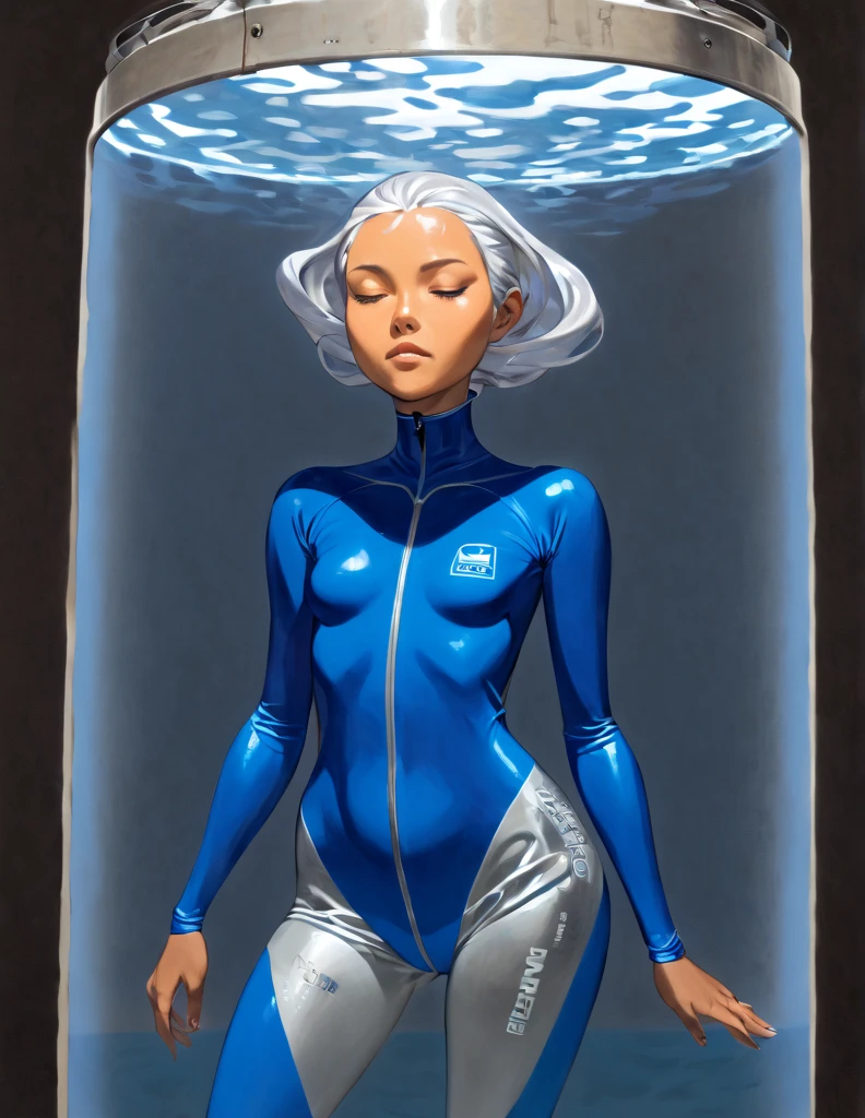 Tanned Woman with silver hair. She is wearing a skin-tight blue wetsuit. She is sleeping floating upright in water encased inside a cannister. The cannister has a glass window. You can see some of her internal organs inside her body. 