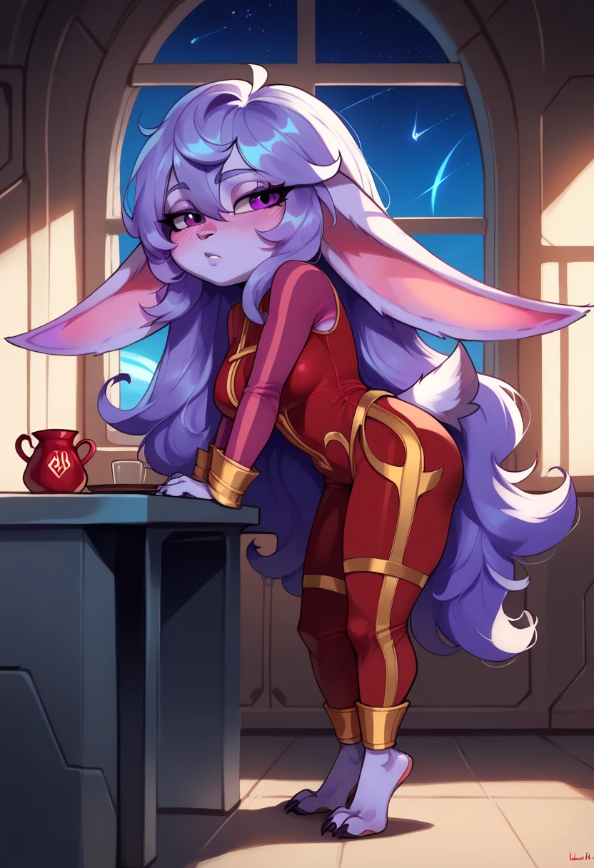 score_9, score_8_up, score_7_up, best quality, masterpiece, Lulu, (absurdly high resolution:1.4), from side, (short, diminutive, smol), yordle, (humanoid, light purple skin, purple eyes, (long ears, horizontal ears), long horizontal yordle ears, claws, feminine), alien outfit, barefoot, cute, adorable, slim, thin, (hair, fluffy hair,), large breasts, sleepy expression, blush lines, submissive), solo, spaceship setting, window, night sky, Expressive, young, expressive, outer space, matching clothes, fix arms, paw pads, correct number of toes,