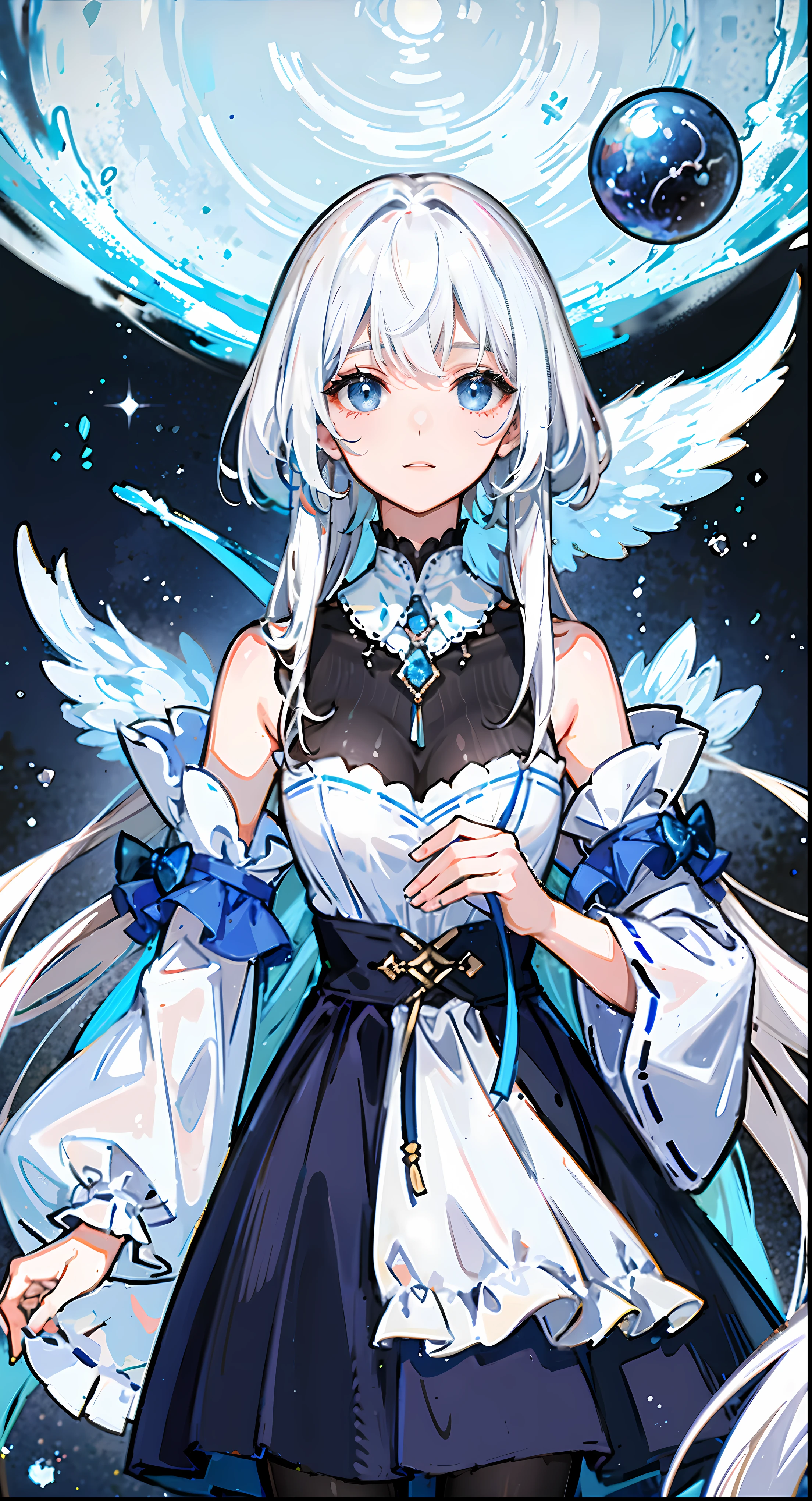 Miss, White hair,  blue eyes,  Dark Dress , Milky Way, 