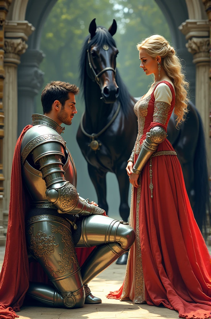 Blonde woman in luxurious medieval attire, accessories, Like a princess, She takes a selfie, This selfie is the actual generated photo, meaning first-person, Alongside her is a second person, a blonde man in armor riding a white horse in a medieval landscape, like in a castle.

The generated photo is the same photo she takes on her smartphone, so I'm trying to create her own self