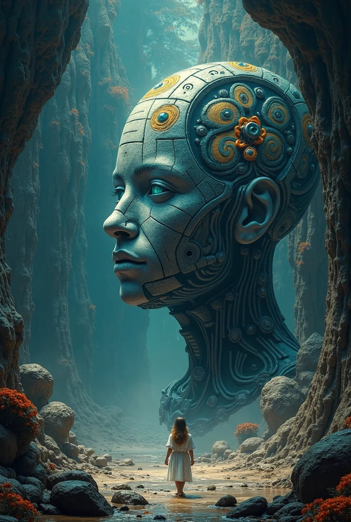 A flat earth as a robot's face with transparent features showing intricate machinery. Waterfalls cascade into space, with 15th-century ships on the edge. A massive giant is seated, fishing into the abyss. The scene is set in space, with glittering stars and a surreal, fantastical atmosphere.