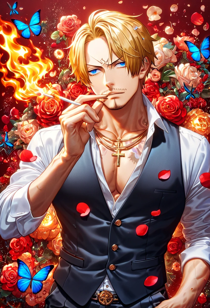 Ultra detailed, HDR, Highres, absurdres, master piece, Sanji, blond hair, expressive blue eyes, black vest, One Piece, red glittering butterflies, petals, fantasy, red flowers, sexy man, solo, handsome, glittering, toned chest, red background, neckle, red roses, white shirt, cross, magical, radiant, very detailed eyes and face, best quality