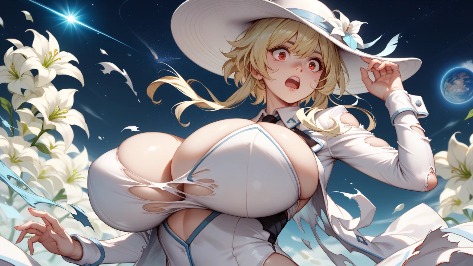  Lumine, Alone and gigantic, wearing a white suit,  wearing a white fedora hat with a black stripe,  giant breasts,  expression of surprise, Your clothes are torn.  The background is set in outer space