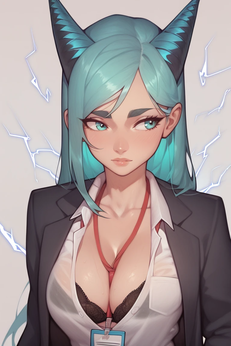 score_9, score_8_up, score_7_up, score_6_up, beautiful aesthetic, very intricate, high quality details, 1girl, :o, aqua eyes, aqua hair, between breasts, black bra, black jacket, blazer, bra, breasts, cleavage, collarbone, cone horns, electricity, horns, jacket, lanyard, long hair, looking to the side, medium breasts, sheath, shirt, solo, thick eyebrows, underwear, unsheathing, upper body, white shirt
