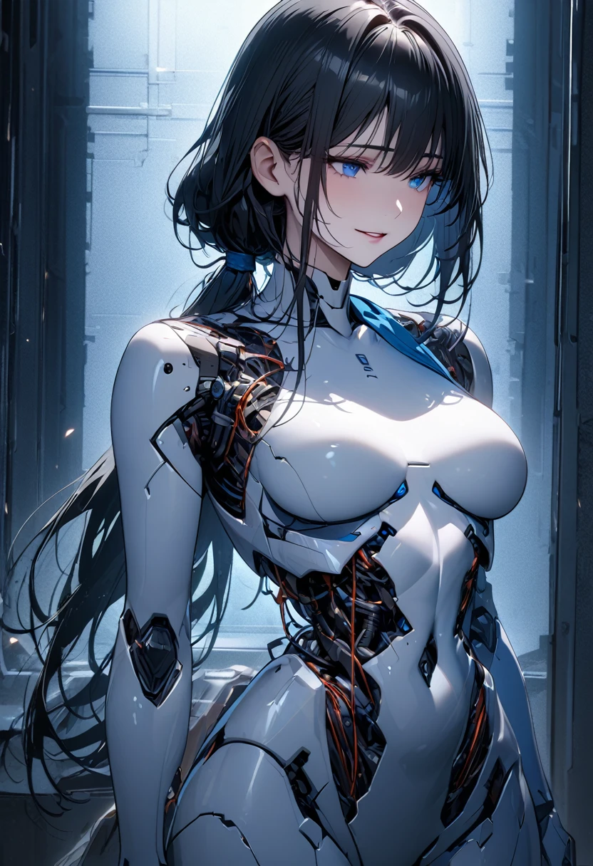 masterpiece, high quality, 8k, bright mood, mature girl-like robot, black hair, long hair, low ponytail, low bundle, blue tie, eyes in blue, light smile, parted lips, white gown, standing, detailed background, indoors, in dark room, blue moody lighting, cowboy shot, humanoid, robot, human-like skin, parted body parts, robot joints, exposed wires uner robot skin, broken belly, exposed titanum spine